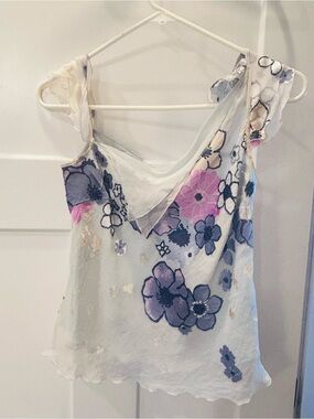 Floral Print Sleeveless Cami Top - skirt White with Purple & Pink Flowers